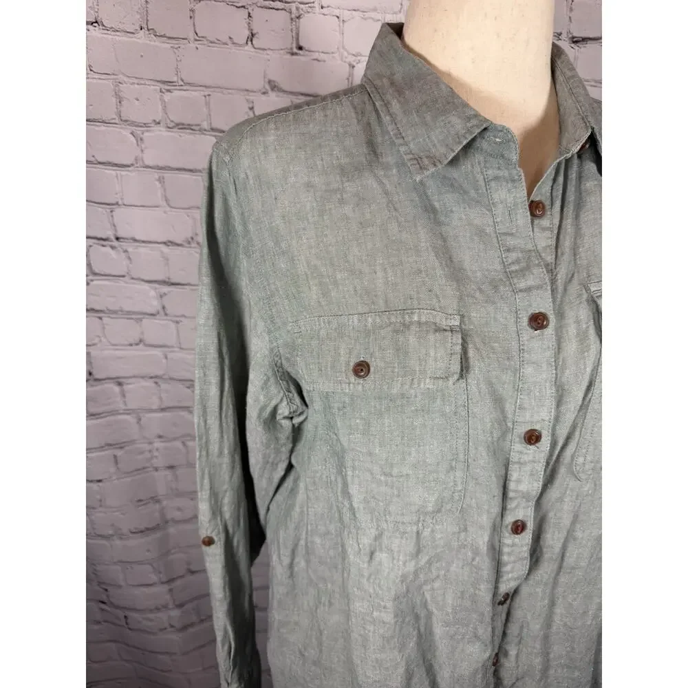 Land’s End Size Large Green Linen Long Sleeve Button Down Shirt Roll Tab - Picture 3 of 7